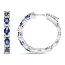 14K White Gold 4x3mm Oval Blue Sapphire and 1/4 Cttw Diamond Alternating Hoop Earring (I-J Color, SI2-I1 Clarity)-2