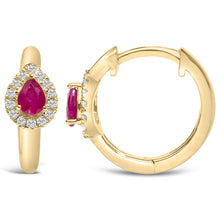 10K Yellow Gold Pear Cut Red Ruby 4x3 mm and 1/10 Cttw Round Diamond Huggy Earrings (I-J Color, I1-I2 Clarity)-2