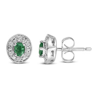 14K White Gold Oval Green Emerald and 1/10 Cttw Diamond Halo Stud Earrings  (I-J Color, I1-I2 Clarity)