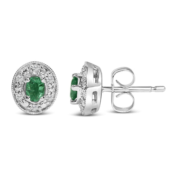 14K White Gold Oval Green Emerald and 1/10 Cttw Diamond Halo Stud Earrings  (I-J Color, I1-I2 Clarity)