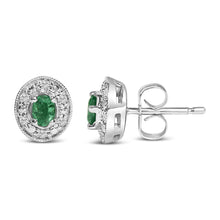 14K White Gold Oval Green Emerald and 1/10 Cttw Diamond Halo Stud Earrings  (I-J Color, I1-I2 Clarity)-2