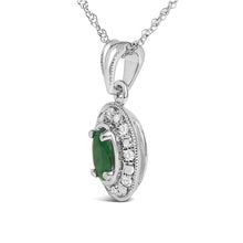14K White Gold Oval Green Emerald and Diamond Halo Pendant Necklace - 18" Inches-2