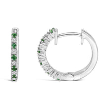10K White Gold Alternating Emerald 1/10 Cttw Diamond Huggy Hoop Earrings (I-J Color, I1-I2 Clarity)-2