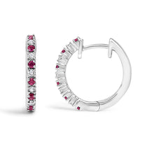 10K Gold Alternating Diamond and Red Ruby Huggy Hoop Earrings-4