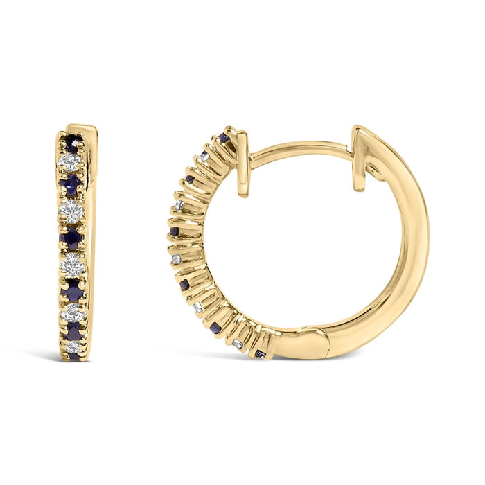 10K Yellow Alternating Blue Sapphire 1/10 Cttw Diamond Huggy Hoop Earrings  (I-J Color, I1-I2 Clarity)
