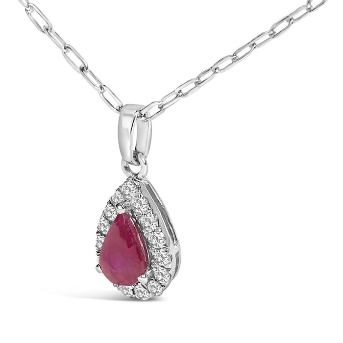 14K White Gold 6x4 Pear Red Ruby and Diamond Halo Pendant Necklace - 18