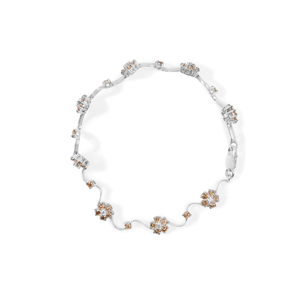 10K White Gold 4.0 Cttw Champagne and White Diamond Floral Cluster and Station Link Bracelet (H-I Color, SI2-I1 Clarity) - 7