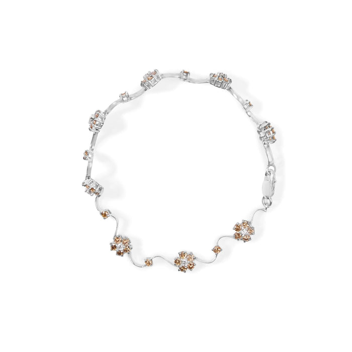 10K White Gold 4.0 Cttw Champagne and White Diamond Floral Cluster and Station Link Bracelet (H-I Color, SI2-I1 Clarity) - 7