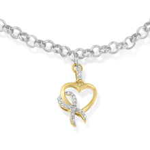 10K Yellow Gold 1/10 Cttw Diamond Awareness Ribbon & Heart Charm on 7" .925 Sterling Silver Rolo Bracelet (H-I Color, I1-I2 Clarity)-2