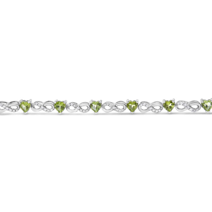 .925 Sterling Silver 1.00 Cttw Diamond and 4.00mm Lab Created Green Heart-Shaped Peridot Infinity Link Bracelet (I-J Color, I2-I3 Clarity) - 7.25