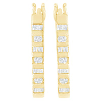 10K Yellow Gold Round and Baguette Cut Diamond Oblong Hinged Leverback Hoop Earrings (¼ Cttw, I-J Color, I2-I3 Clarity)