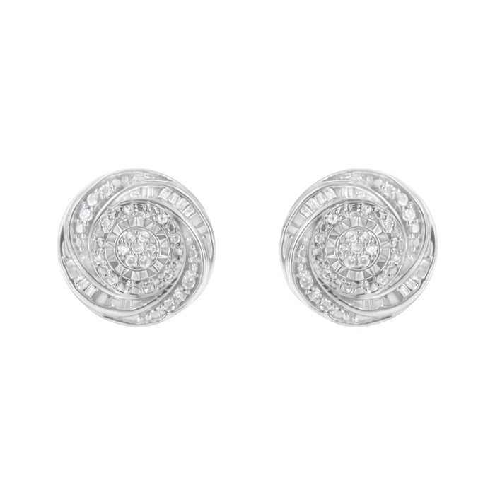 .925 Sterling Silver 1/4 Cttw Baguette and Round Diamond Swirl Love Knot Stud Earrings (I-J Color, I3 Clarity)