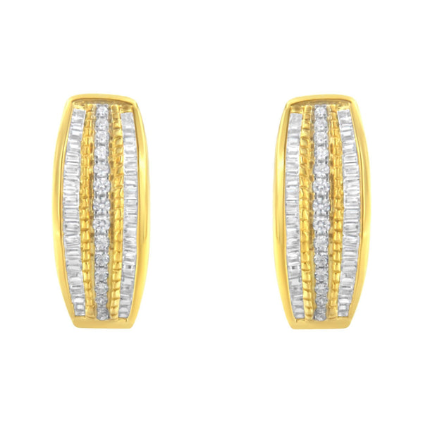 10K Yellow Gold 3/4 Cttw Pave and Channel Set Diamond Triple Row Modern Hoop Earrings (I-J Color, I2-I3 Clarity)