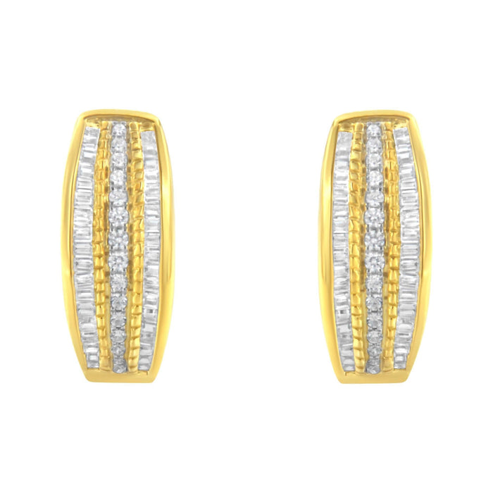 10K Yellow Gold 3/4 Cttw Pave and Channel Set Diamond Triple Row Modern Hoop Earrings (I-J Color, I2-I3 Clarity)