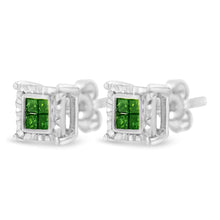 Sterling Silver Color Treated Princess Diamond Quad Stud Earring (1/2 cttw, Green Color, I1-I2 Clarity)-2