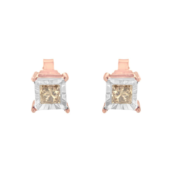 14K Rose Gold Plated Two-Tone .925 Sterling Silver 1/2 Cttw Princess-Cut Square Diamond Solitaire Miracle-Plate Stud Earrings (K-L Color, I2-I3 Clarity)
