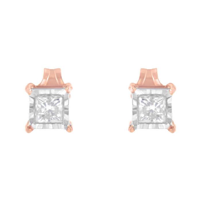 14K Rose Gold Plated Two-Tone .925 Sterling Silver 1/2 Cttw Princess-Cut Square Near Colorless Diamond Solitaire Miracle-Plate Stud Earrings (J-K Color, I2-I3 Clarity)