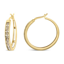 14K Yellow Gold Plated .925 Sterling Silver 1.0 Cttw Channel Set Champagne Diamond Hoop Earrings with Snap Post (K-L Color, I1-I2 Clarity)-2