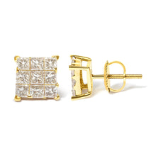 14K Yellow Gold 1 1/2 Cttw Invisible Set Princess-Cut Diamond 9 Stone Square Stud Earrings (J-K Color, SI2-I1 Clarity)-2