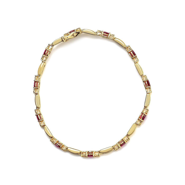 10K Yellow Gold Oval Ruby and 1/10 Cttw Diamond Bar Prong Set Bracelet (H-I Color, SI1-SI2 Clarity)  - Size 7
