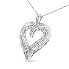 .925 Sterling Silver 3/4 Cttw Round and Baguette-Cut Diamond Open Heart 18" Pendant Necklace (I-J Color, I2-I3 Clarity)-4