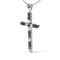 .925 Sterling Silver 2.0 Cttw Prong Set Round Natural Treated Black and White Diamond Cross Pendant Necklace - 18