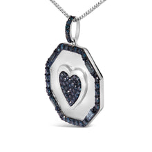 .925 Sterling Silver 5/8 Cttw Blue Diamond Mirror Plate with Heart and Diamond Halo 18" Pendant Necklace (Blue Color, I2-I3 Clarity)-2