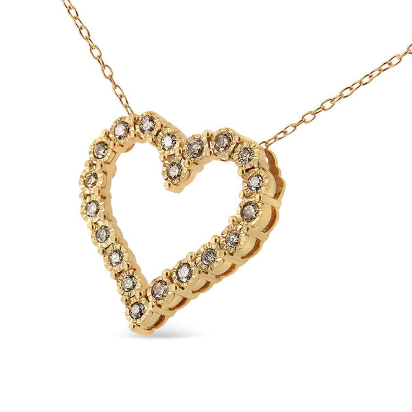 10K Yellow Gold Flashed .925 Sterling Silver 1/2 Cttw Champagne Diamond Miracle Plate Heart Pendant Necklace (K-L Color, I1-I2 Clarity) - 18