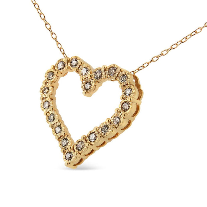 10K Yellow Gold Flashed .925 Sterling Silver 1/2 Cttw Champagne Diamond Miracle Plate Heart Pendant Necklace (K-L Color, I1-I2 Clarity) - 18