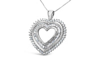.925 Sterling Silver 1.0 Cttw Baguette and Round Diamond  Heart Pendant 18