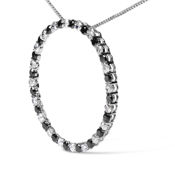 .925 Sterling Silver 2.0 Cttw Alternating Black and White Diamond Open Hoop Circle Pendant Necklace (H-I Color, I2-I3 Clarity) - 18
