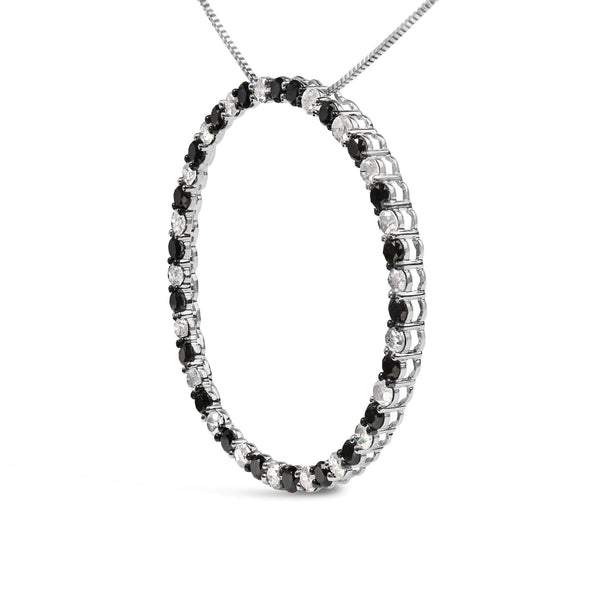 .925 Sterling Silver 3.0 Cttw Alternating Black and White Diamond Open Hoop Circle Pendant Necklace (H-I Color, I3 Clarity) - 18