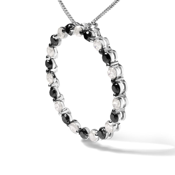.925 Sterling Silver 1 3/4 Cttw Alternating Black and White Diamond Open Circle Hoop Pendant Necklace (H-I Color, I2-I3 Clarity) - 18