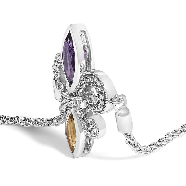 .925 Sterling Silver Marquise Purple Amethyst, Orange Citrine, and Diamond Accent Lariat 4”-10” Fleur De Lis Adjustable Bolo Bracelet (I-J Color, I1-I2 Clarity)