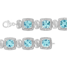 .925 Sterling Silver 7x7 mm Cushion Cut Blue Topaz and 1/10 Ctw Single Cut Diamond Square Shape Tennis Bracelet (I-J Color, I1-I2 Clarity) - 7"-2