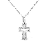 .925 Sterling Silver 1/10 cttw Pave-Set Round-Cut Diamond Open Cross 18