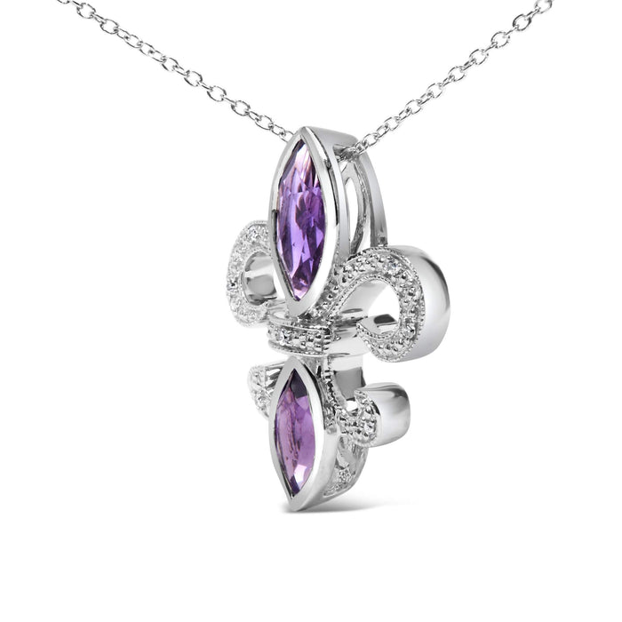 .925 Sterling Silver Purple Amethyst Marquise and Diamond Accent Fleur De Lis Pendant Necklace (H-I Color, SI1-SI2 Clarity) - Size 18