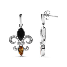 .925 Sterling Silver Marquise Cut Onyx and Citrine with Diamond Accent Fleur De Lis Drop Stud Earrings (H-I Color, SI1-SI2 Clarity)-2