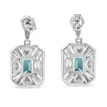 .925 Sterling Silver 7x5MM Emerald Shape Blue Topaz and Diamond Accent Art Deco Halo Style Drop and Dangle Earrings (I-J Color, I1-I2 Clarity)-2