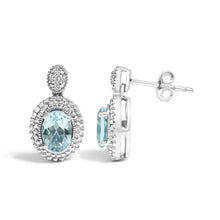 .925 Sterling Silver Diamond Accent and  Oval Blue Topaz with Beaded Halo Drop Stud Earrings (I-J color, I1-I2 Clarity)-2
