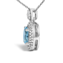 .925 Sterling Silver Oval Blue Topaz and Diamond Accent with Beaded Halo Pendant Necklace - 18" Inches-2