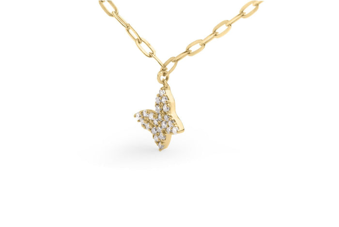 14KT Yellow Gold 1/2 Cttw Diamond Butterfly Station Paperclip Station Necklace (I-J Color, I1-I2 Clarity) - Adjustable 15