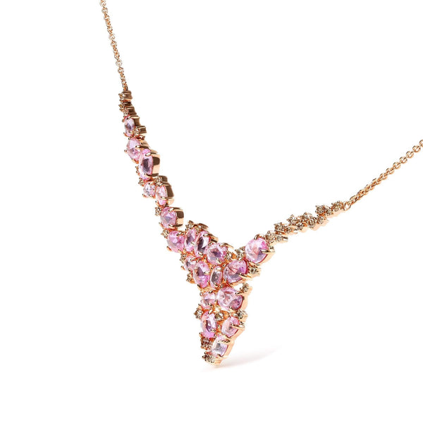 18K Rose Gold 1/2 Cttw Brown Diamond and Multi-Size Oval Pink Sapphire Cluster Cascade Statement Station Necklace (Brown Color, SI1-SI2 Clarity) - Adjustable up to 14