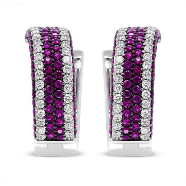 18K White Gold 1 7/8 Cttw Diamond and 1mm Round Red Ruby Open Swish Hoop Earrings (F-G Color, VS1-VS2 Clarity)