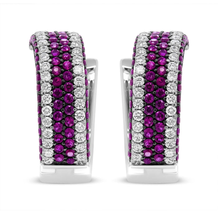 18K White Gold 1 7/8 Cttw Diamond and 1mm Round Red Ruby Open Swish Hoop Earrings (F-G Color, VS1-VS2 Clarity)