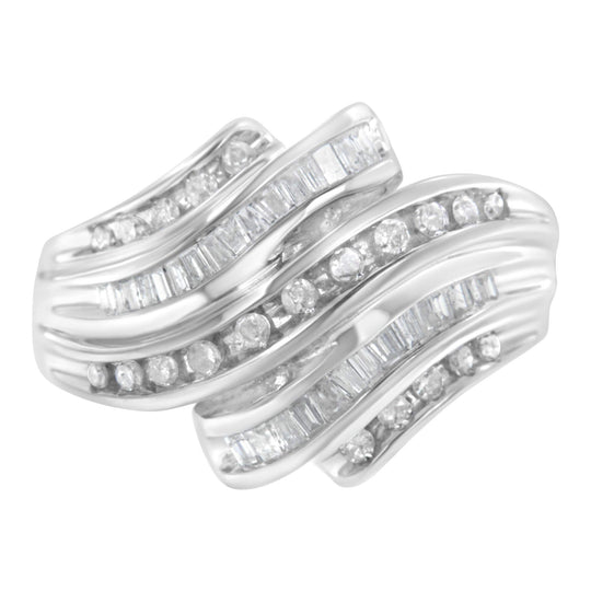 10K white gold ring with round and baguette diamond stones in channel setting