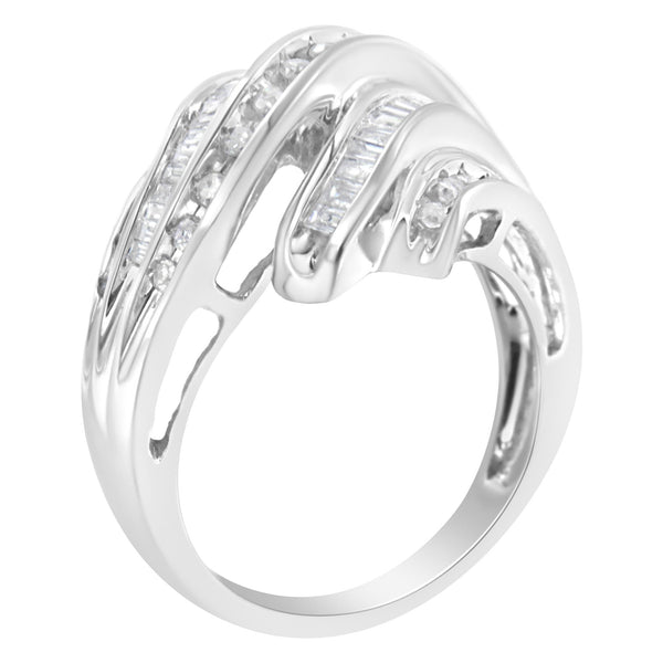 10K White Gold Round and Baguette Cut Diamond Channel Ring (3/4 Cttw, H-I Color, SI2-I1 Clarity)