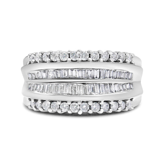14K white gold ring with round and baguette diamond stones