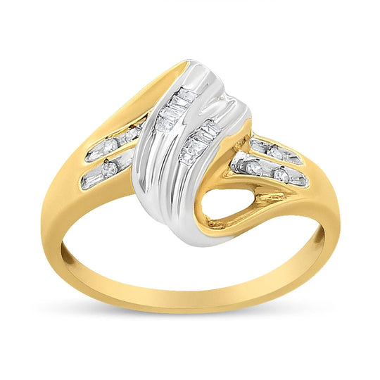 10K white gold bypass ring with baguette and round diamond stones
