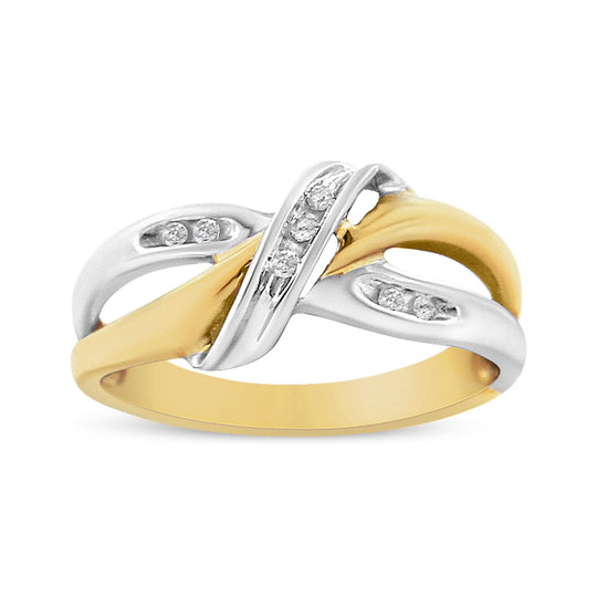 10K white and yellow gold bypass ring with round diamond stones